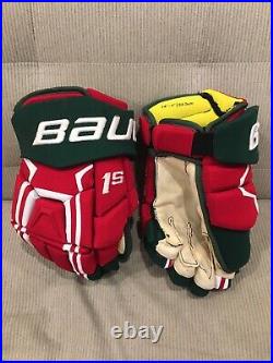 New Jersey Devils Retro Bauer Supreme 1S Pro Stock Hockey Gloves SHORT CUFF 14